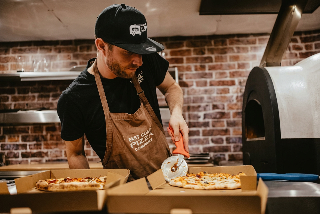 Chris slicing a fresh wood-fired pizza beside the oven in his branded apron