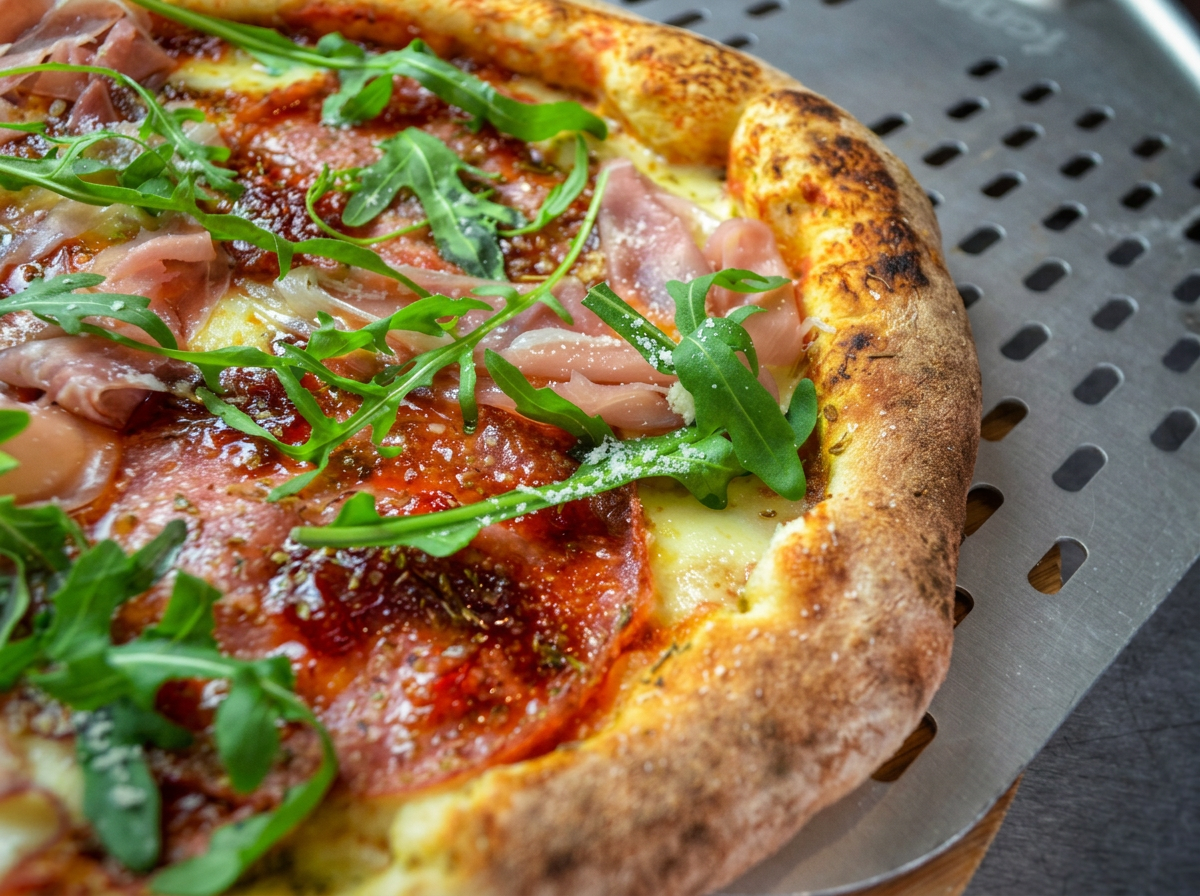 Close-up of a wood-fired prosciutto and rocket pizza on a perforated tray