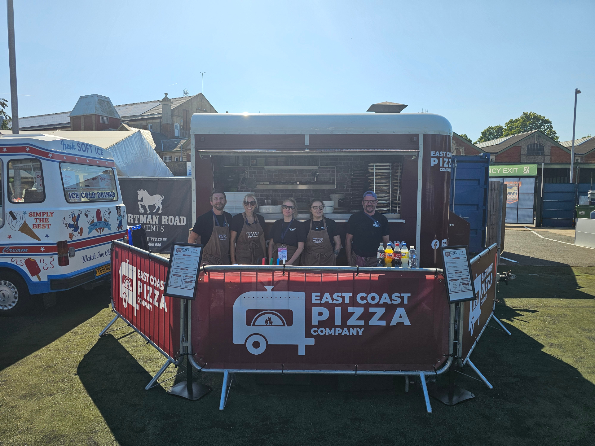 The full East Coast Pizza team behind the Nag Box at Portman Road, Ipswich Town FC